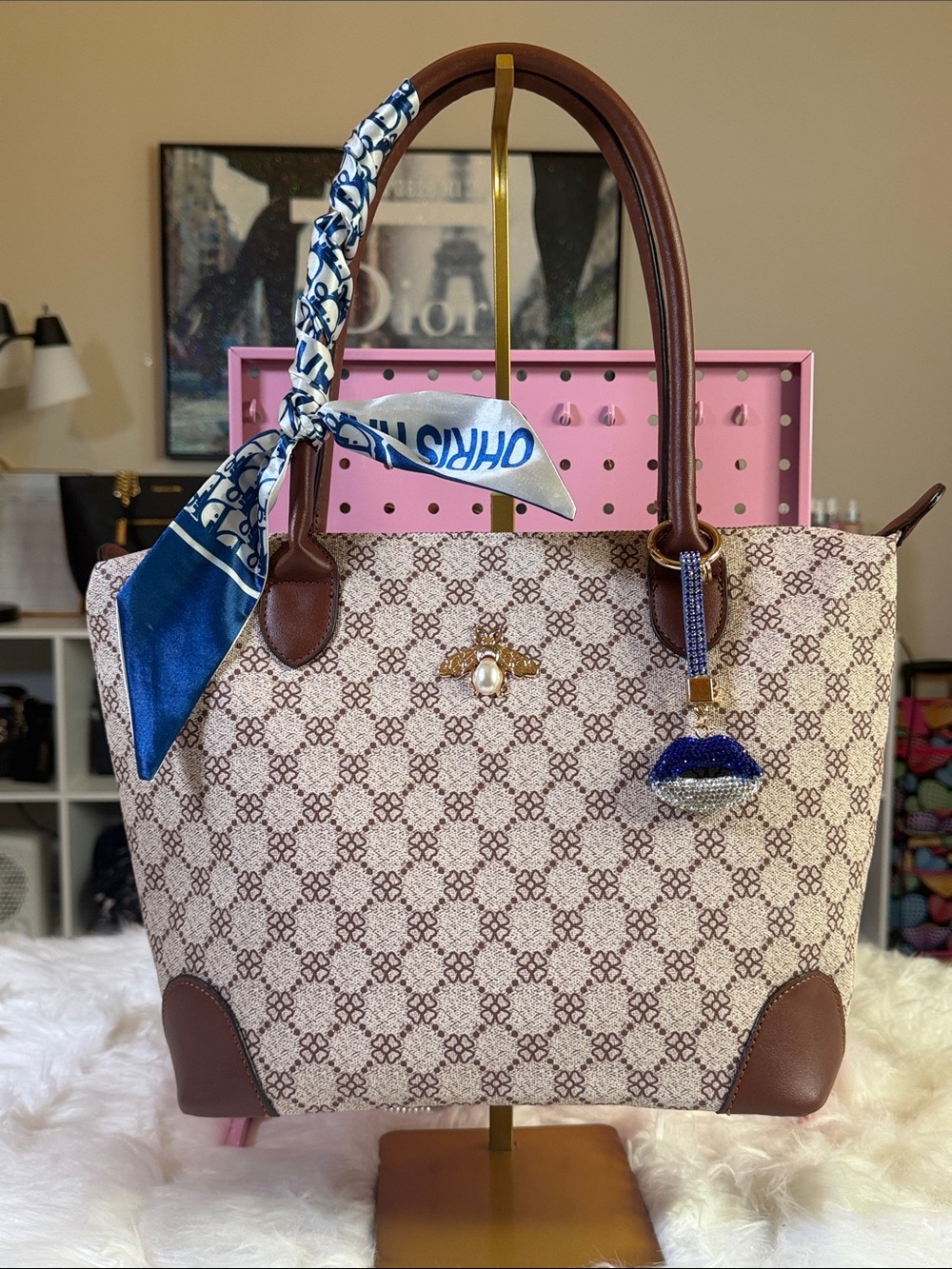 Women’s Beige Patterned Tote Bag with Brown Trim